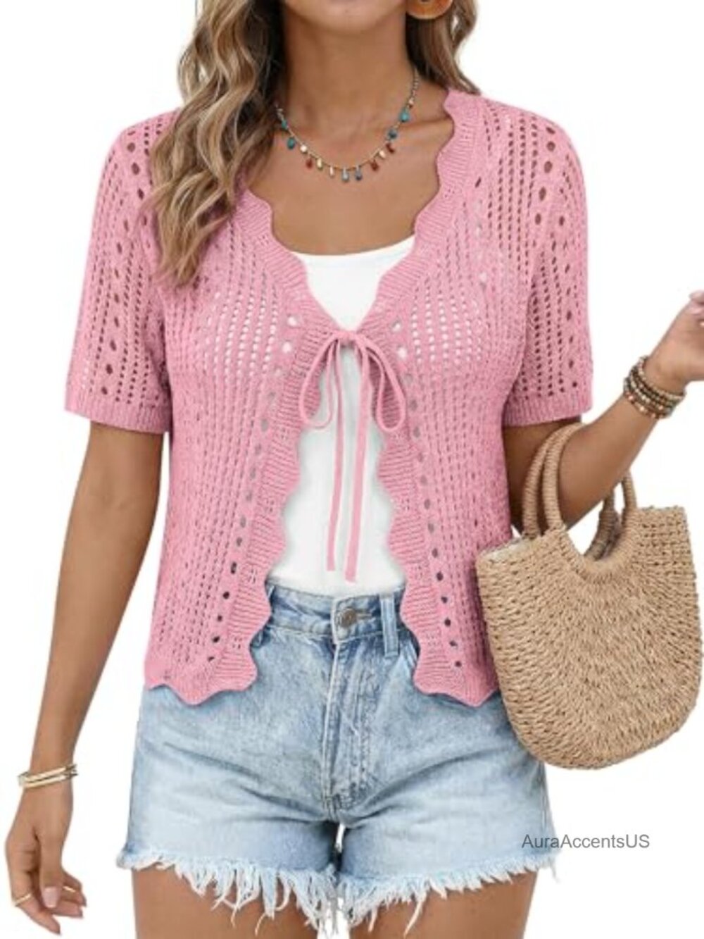 Crochet Tie Front Shrug Sweater Short Sleeve Cropped Cardigan